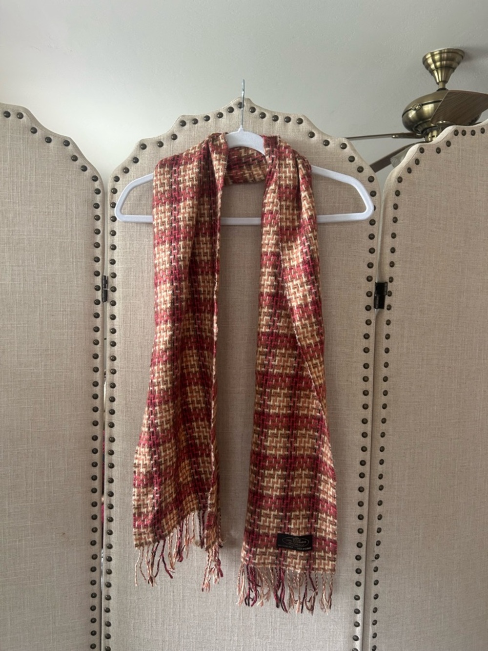 100% Cashmere Scarf Woven Plaid Fringe Tassels in Red Tan Beige Brown Nude